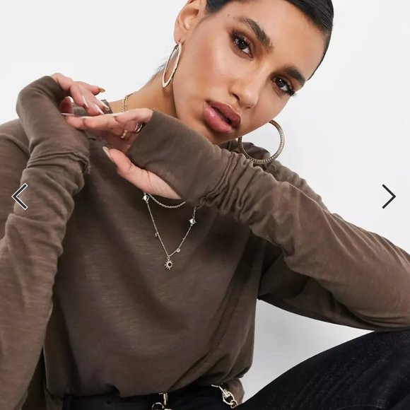 FREE PEOPLE | WE THE FREE NWT  ARDEN TEE LONG SLEEVE TEE LITE BARK BROWN SIZE S - Picture 3 of 10